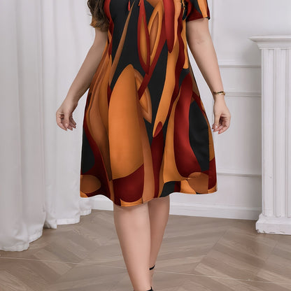 Effortless Geometric Print Shift Dress for Women with Round Neck Short Sleeve Tie Front Relaxed Casual Style