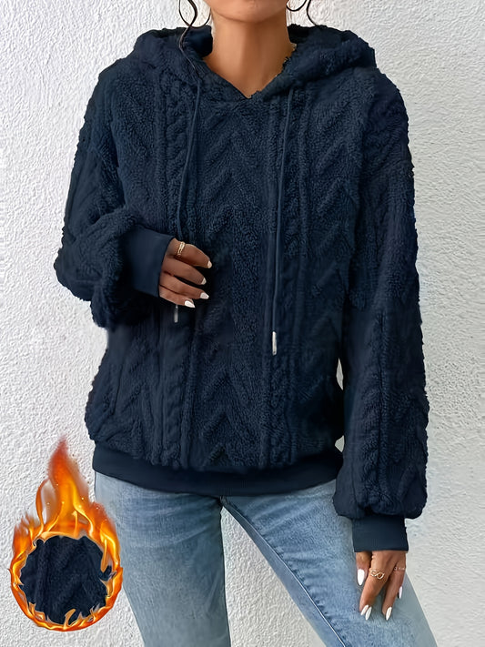 Comfortable Cable Knit Fleece Hoodie for Women with Drawstring Hood Long Sleeve Oversized Relaxed Style