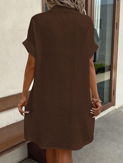 Effortless Textured Cotton Shirt Dress for Women with Collar Short Sleeve Button Front Relaxed Style