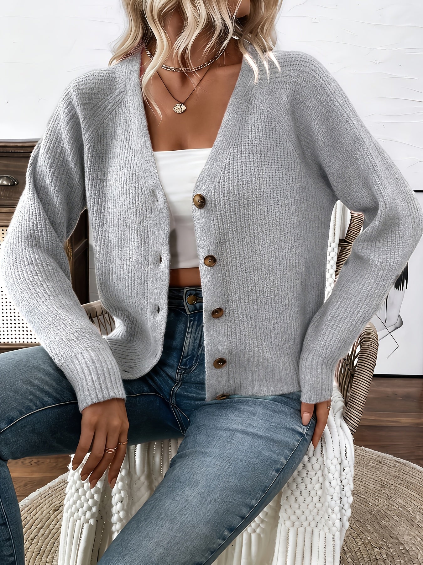 Comfortable Ribbed Knit Cardigan for Women with V Neck Long Sleeve Button Front Relaxed Oversized Style