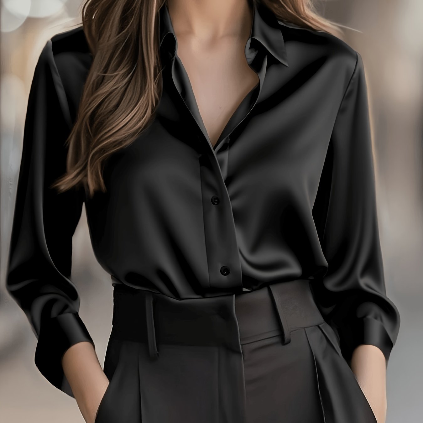 Elegant Satin Blouse for Women with Notched Collar Long Sleeve Button Front Silky Style