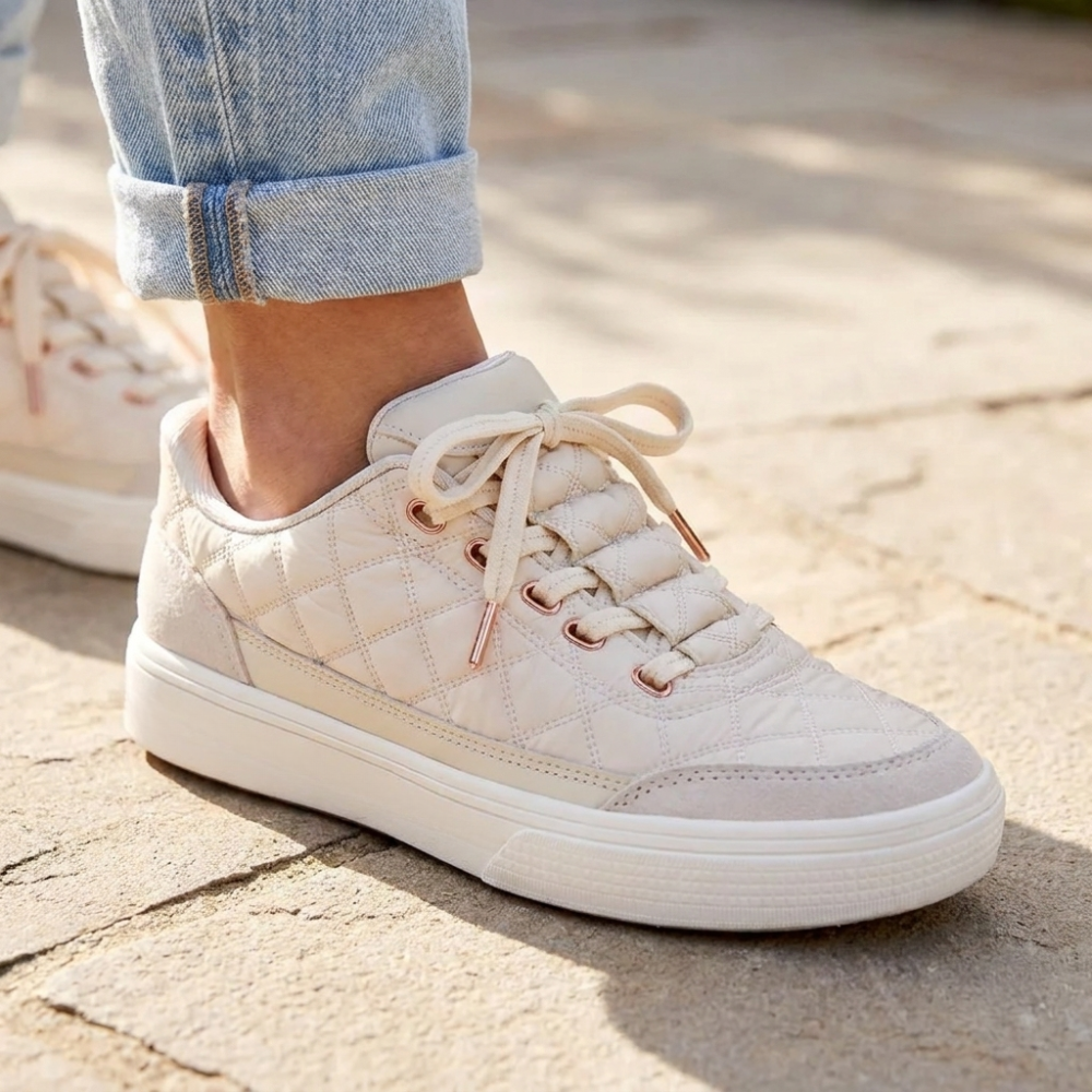 Comfortable Trainers for Women with Quilted Suede Panel Lace Up Low Top Cupsole Style