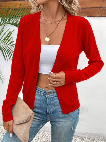 Comfortable Button Front Cardigan Sweater for Women with V Neck Long Sleeve Ribbed Cuff Relaxed Style