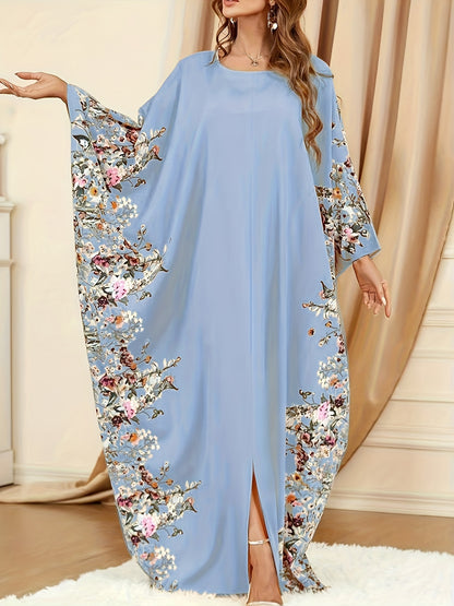Elegant Floral Print Kaftan Maxi Dress for Women with Round Neck Batwing Sleeve Flowing Bohemian Style