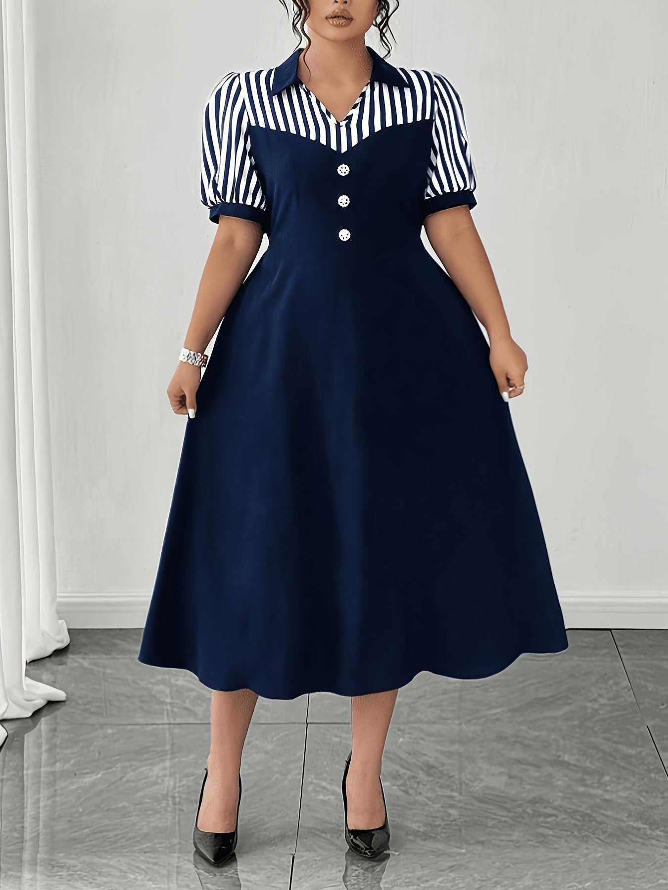 Elegant Navy Striped Midi Dress for Women with Collar Short Sleeve Button Front A Line Style