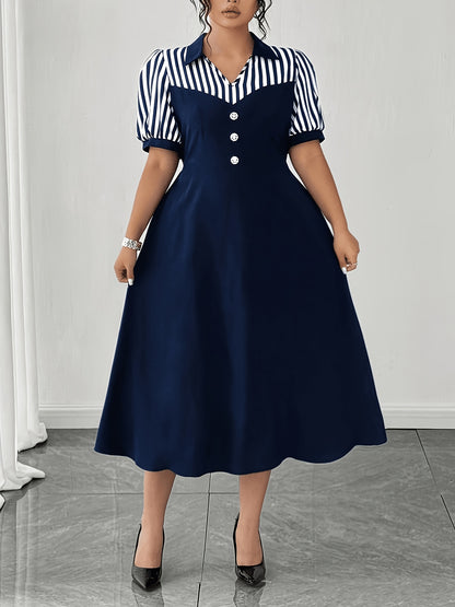 Elegant Navy Striped Midi Dress for Women with Collar Short Sleeve Button Front A Line Style