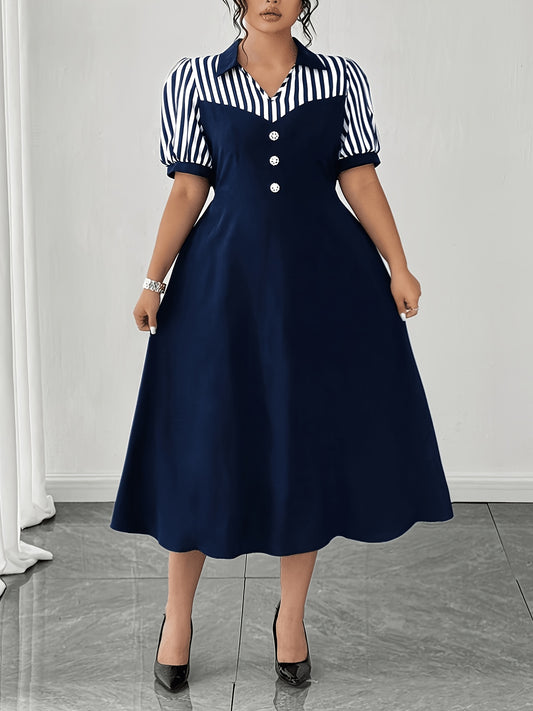 Elegant Navy Striped Midi Dress for Women with Collar Short Sleeve Button Front A Line Style
