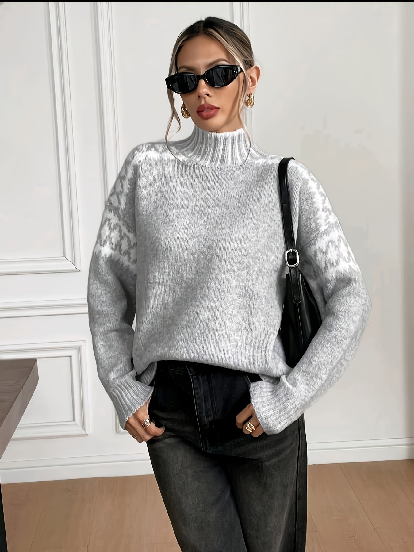 Comfortable Grey Jacquard Sweater for Women with High Neck Long Sleeve Relaxed Oversized Knit Style