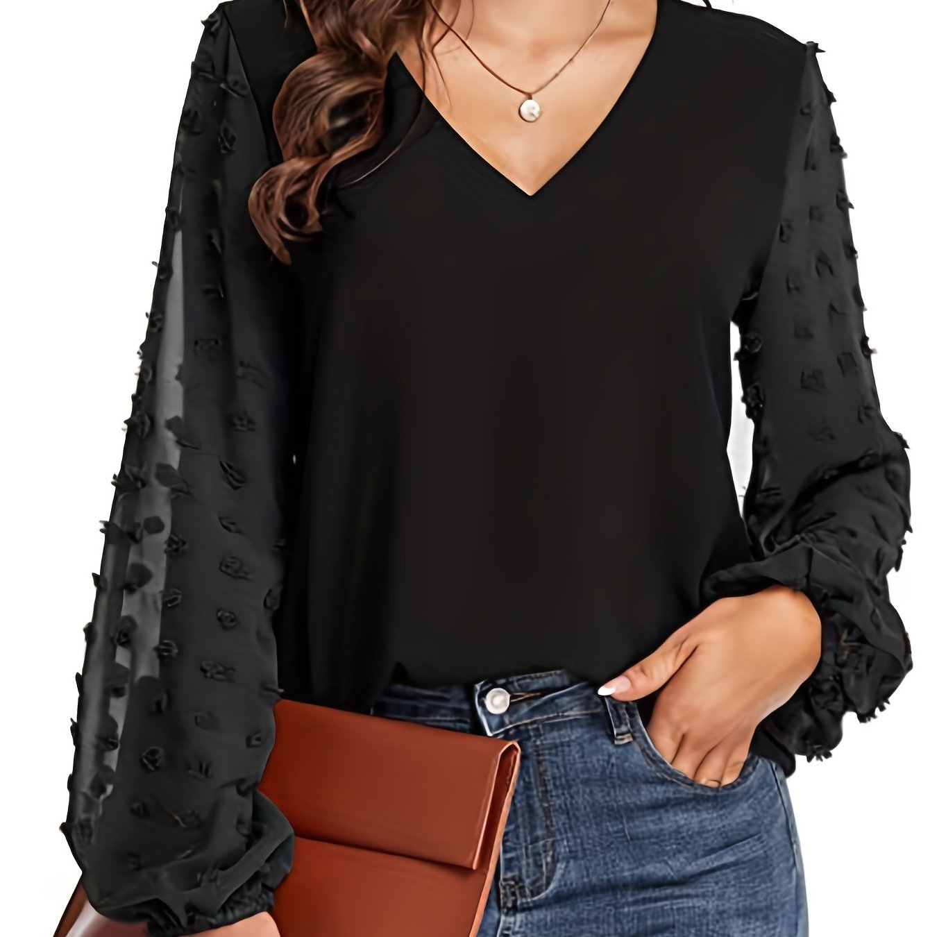 Elegant Swiss Dot Blouse for Women with V Neck Balloon Sleeve Sheer Cuff Relaxed Style