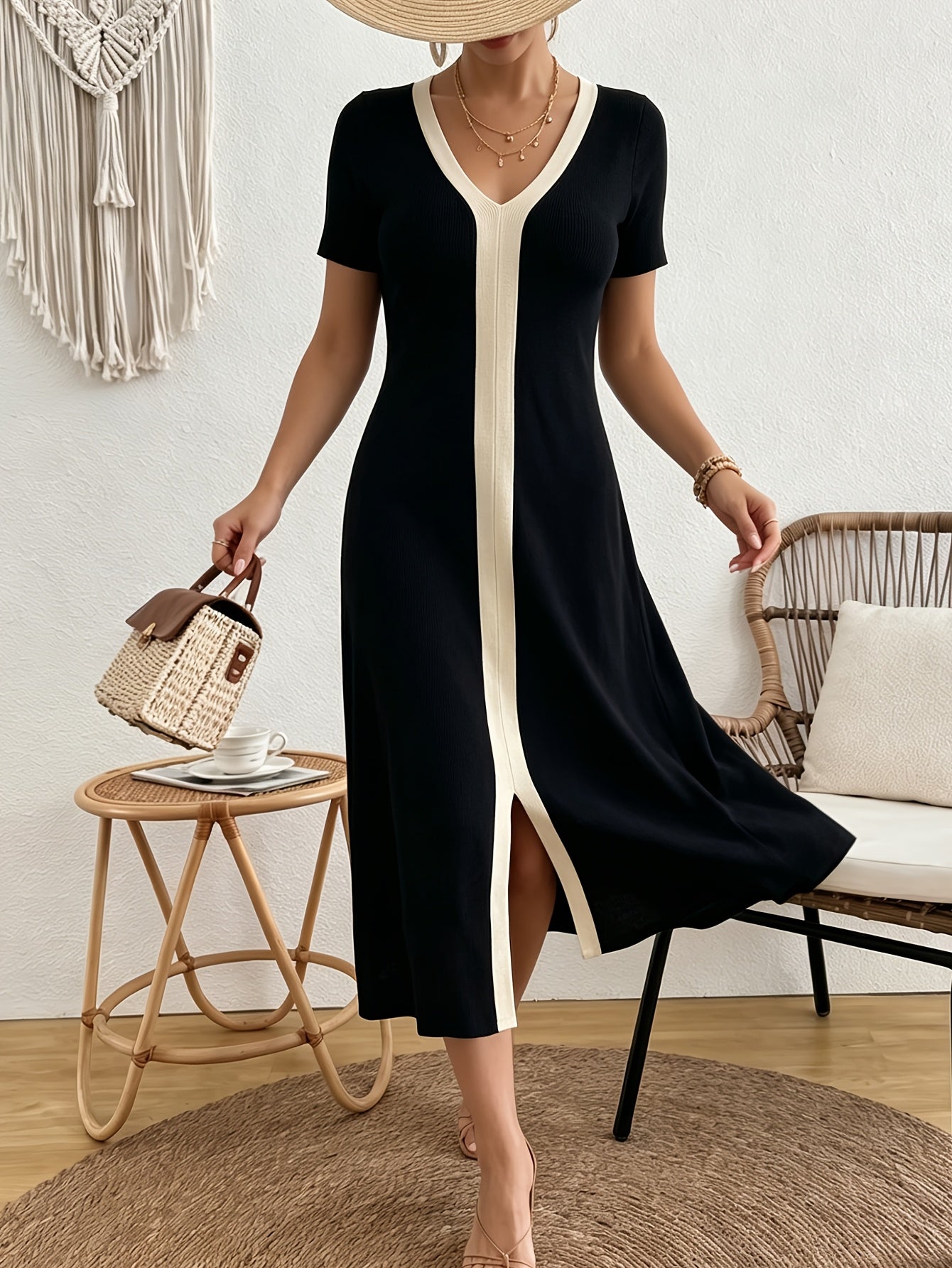 Elegant Black Midi Dress for Women with V Neck Short Sleeve Colorblock Slit Knit Style