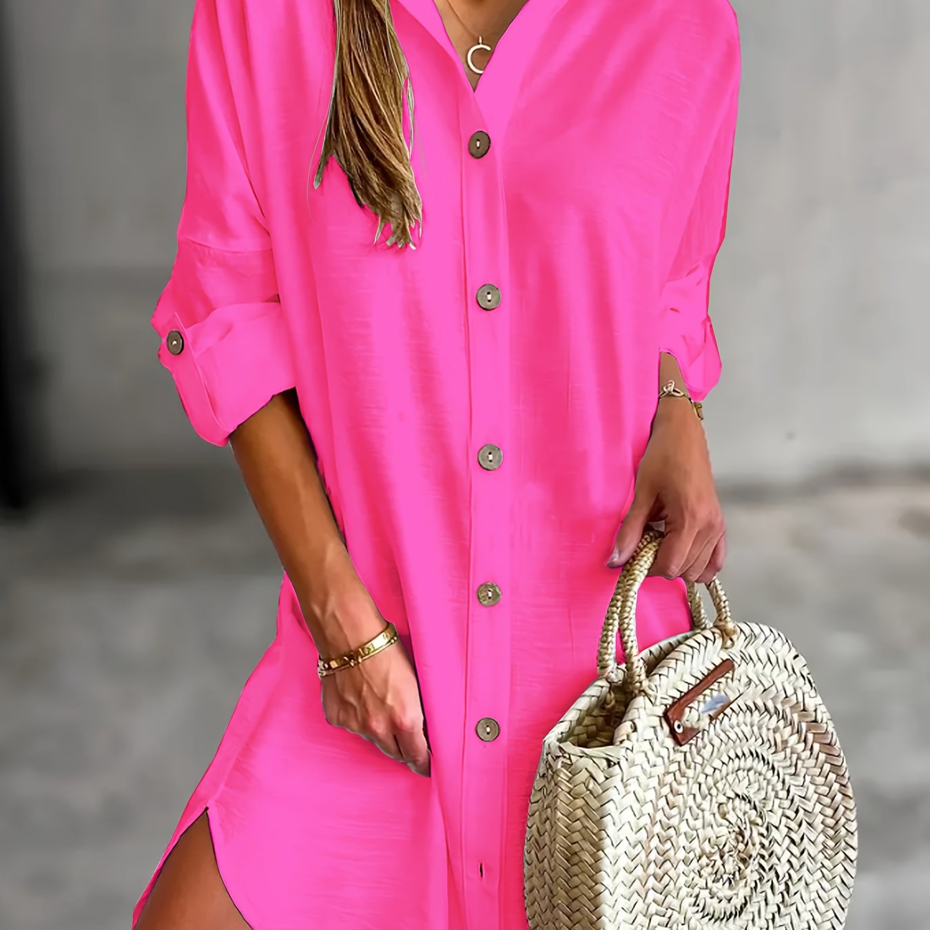Effortless Button Front Shirt Dress for Women with Collar Long Sleeve Relaxed Casual Style
