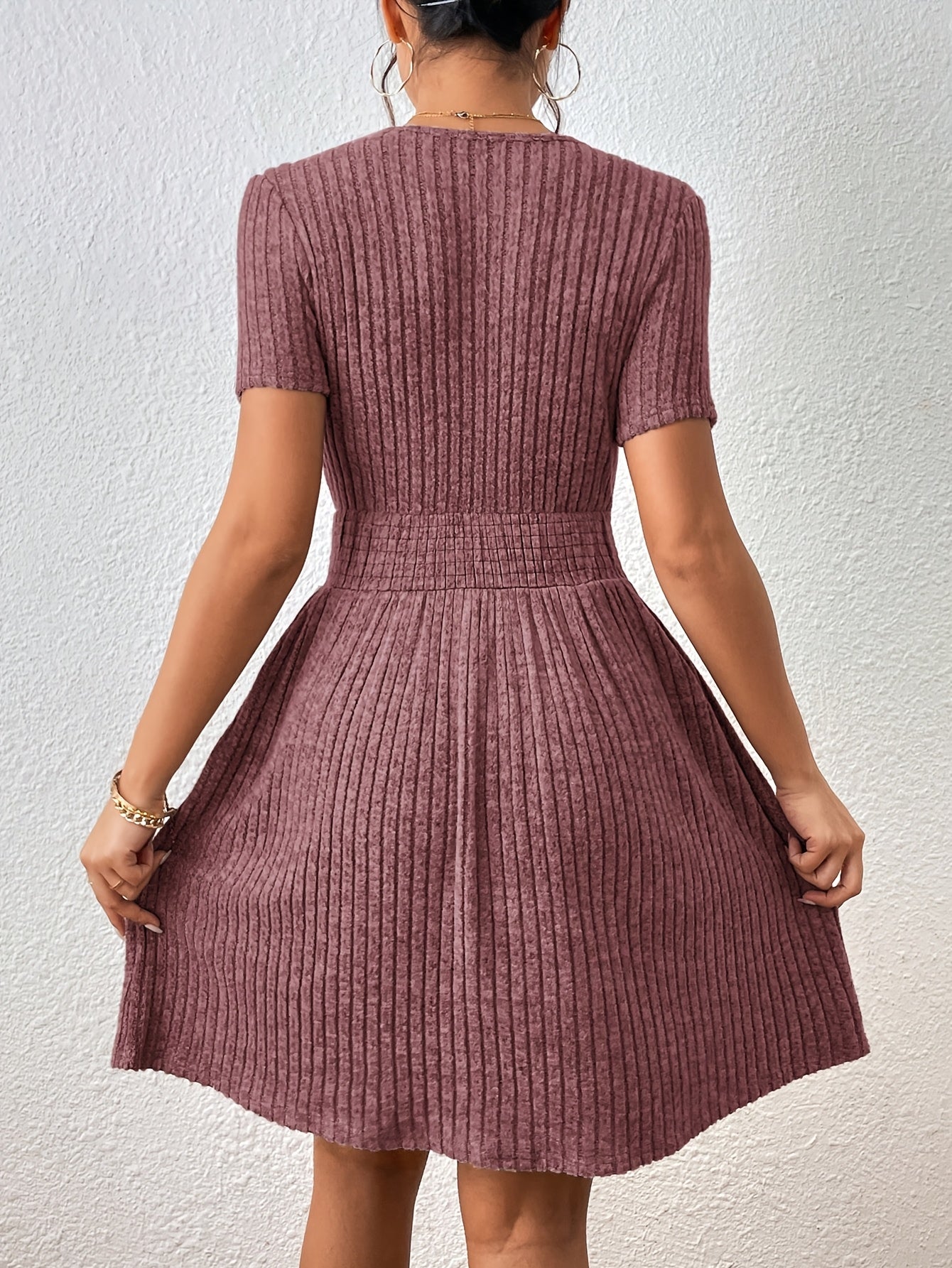 Comfortable Ribbed Knit Mini Dress for Women with Round Neck Short Sleeve Smocked Waist Casual Style