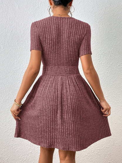 Comfortable Ribbed Knit Mini Dress for Women with Round Neck Short Sleeve Smocked Waist Casual Style