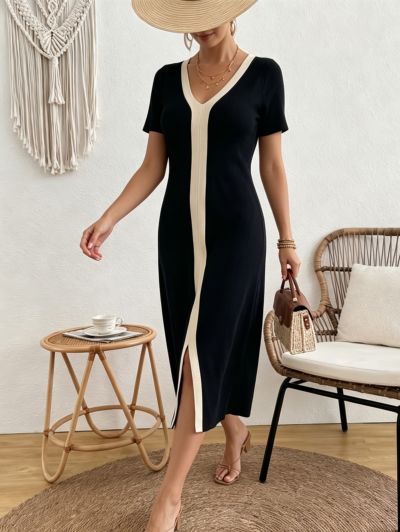 Elegant Black Midi Dress for Women with V Neck Short Sleeve Colorblock Slit Knit Style
