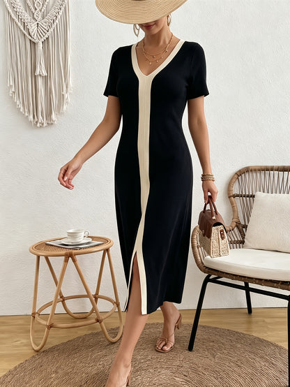 Elegant Black Midi Dress for Women with V Neck Short Sleeve Colorblock Slit Knit Style