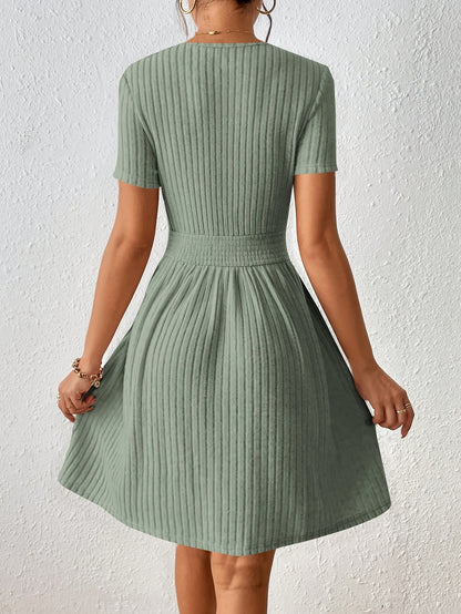 Comfortable Ribbed Knit Mini Dress for Women with Round Neck Short Sleeve Smocked Waist Casual Style