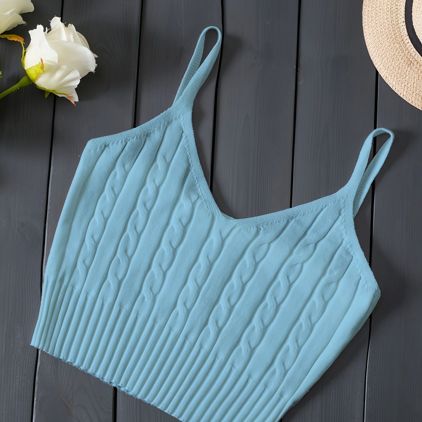 Effortless Cable Knit Crop Top for Women with V Neck Sleeveless Ribbed Fitted Tank Style