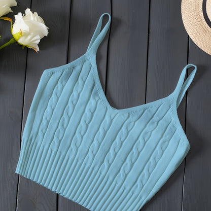 Effortless Cable Knit Crop Top for Women with V Neck Sleeveless Ribbed Fitted Tank Style