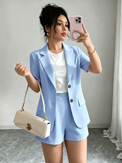 Elegant Tailored Blazer Two Piece Set for Women with Notch Lapel Short Sleeve Button Front Shorts Style