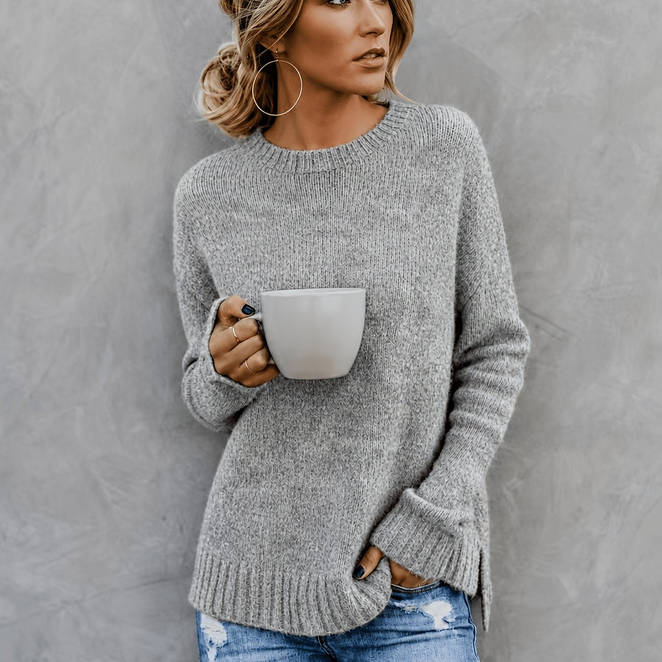 Comfortable Heathered Knit Sweater for Women with Crew Neck Bell Sleeve Side Slit Relaxed Oversized Style