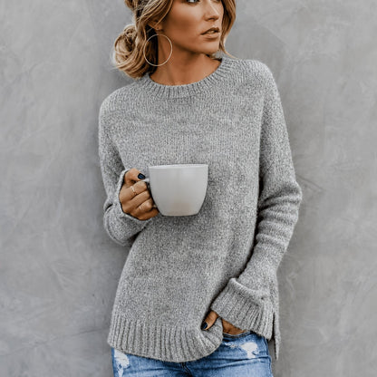 Comfortable Heathered Knit Sweater for Women with Crew Neck Bell Sleeve Side Slit Relaxed Oversized Style