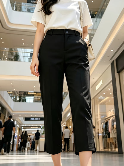 Elegant Tailored Trousers for Women with High Waist Button Front Cropped Slit Hem Casual Style
