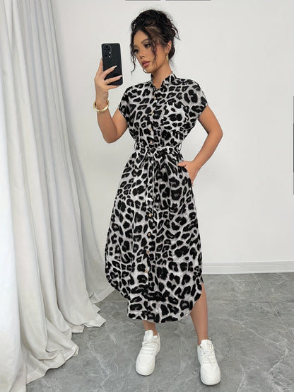 Elegant Leopard Print Midi Dress for Women - Short Sleeve, High-Low Hem, Button-Up Front, Machine Washable, Perfect for Casual or Vacation Style, Versatile Midi Dress | Short Sleeve Dress | Vacation Wear