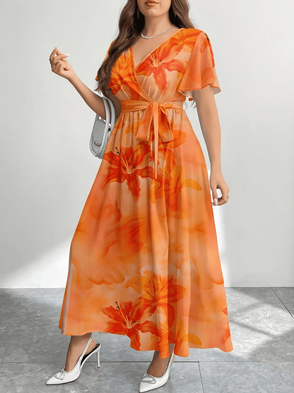 Effortless Multicolor Floral Maxi Dress for Women with V Neck Flutter Sleeve Wrap Belted Flowing Bohemian Style