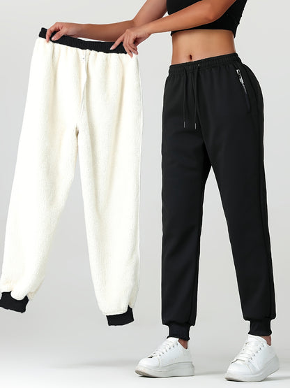 Comfortable Sherpa Lined Jogger Sweatpants for Women with High Waist Drawstring Zip Pocket Cinched Ankle Relaxed Style