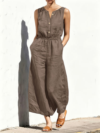Effortless Navy Blue Linen Wide Leg Jumpsuit for Women with V Neck Sleeveless Button Front Relaxed Style