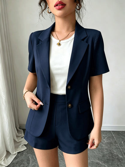 Elegant Tailored Blazer Two Piece Set for Women with Notch Lapel Short Sleeve Button Front Shorts Style