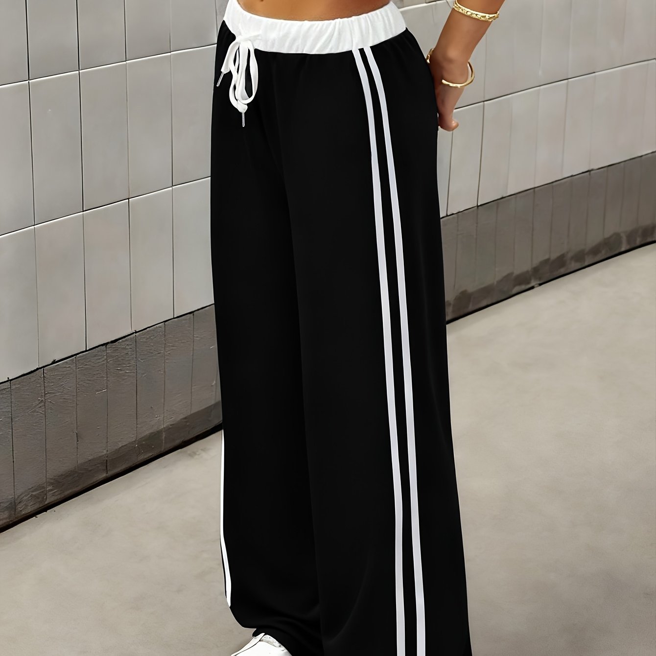 Effortless Wide Leg Track Pants for Women with High Waist Drawstring Side Stripe Relaxed Style