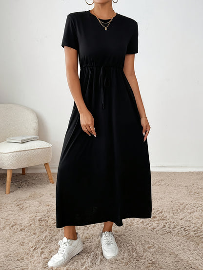 Effortless Drawstring Waist Maxi Dress for Women with Round Neck Short Sleeve Relaxed Flowing Pocket Style