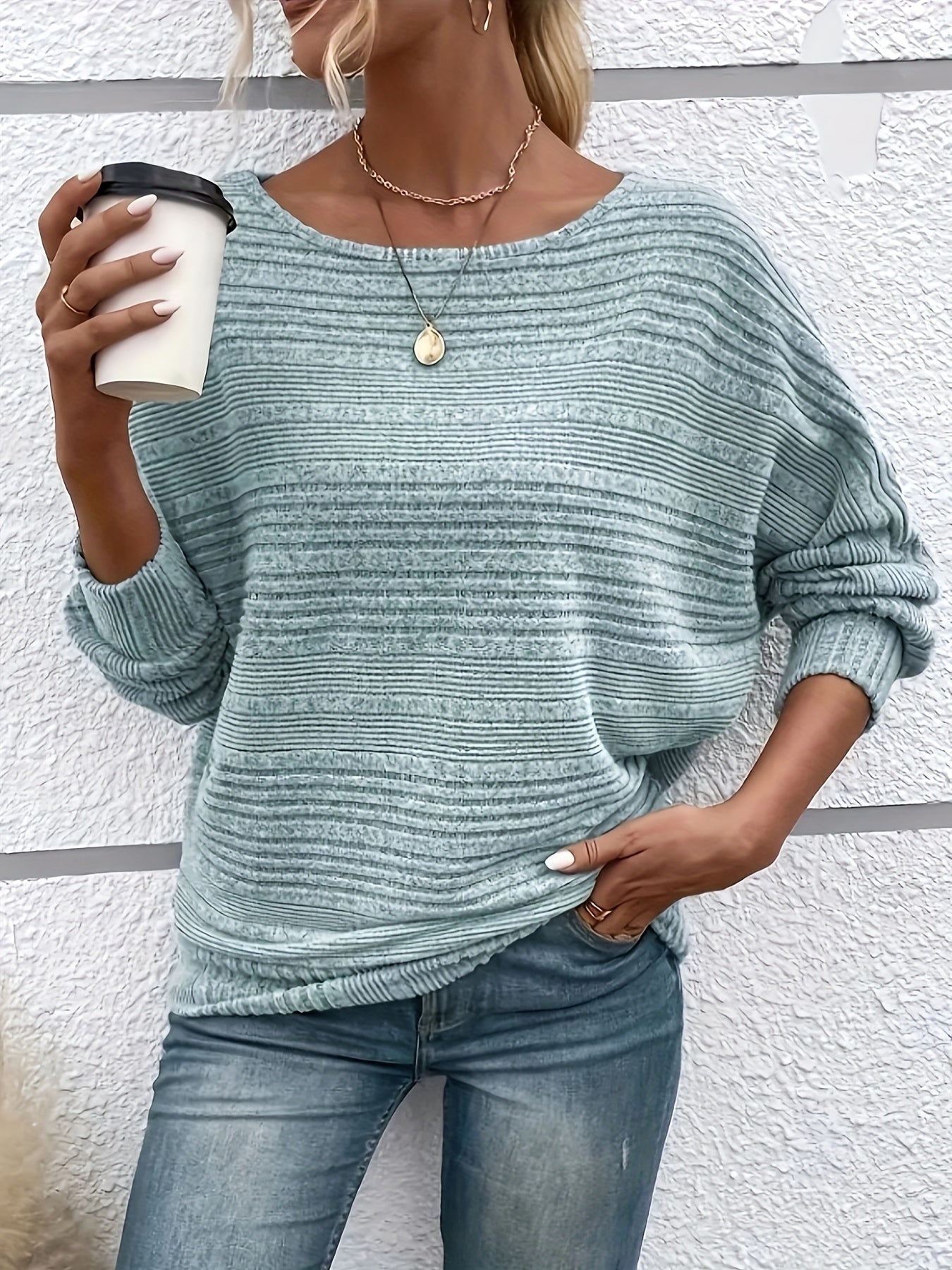 Comfortable Ribbed Knit Sweater for Women with Boat Neck Batwing Sleeve Oversized Relaxed Style
