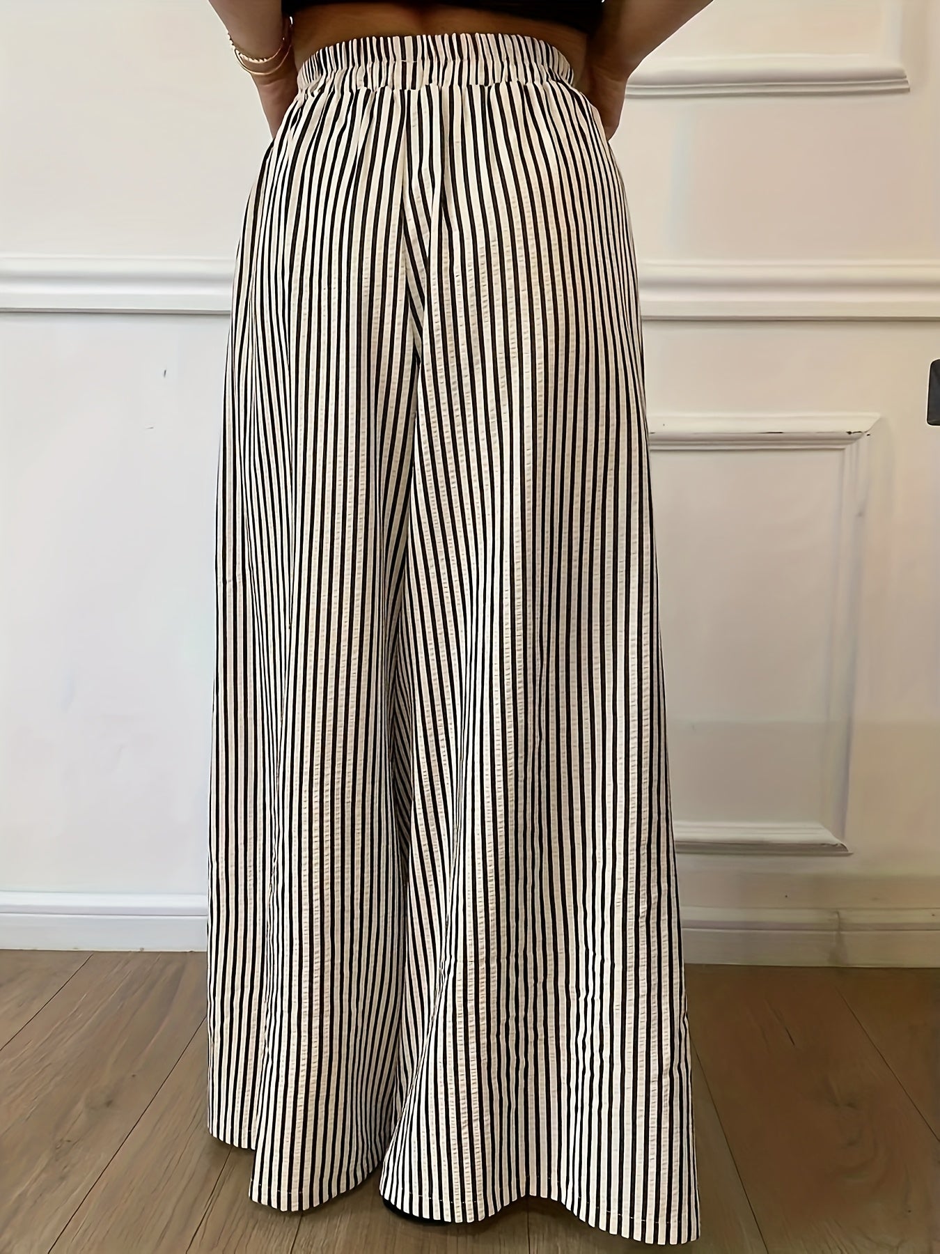 Effortless Black and Cream Striped Wide Leg Pants for Women with High Waist Elastic Flowing Palazzo Style