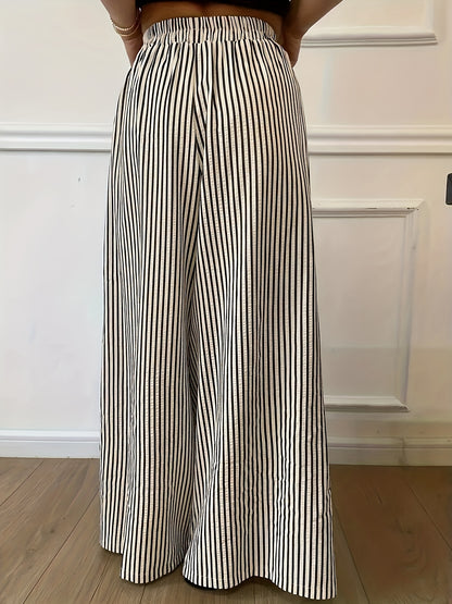 Effortless Black and Cream Striped Wide Leg Pants for Women with High Waist Elastic Flowing Palazzo Style