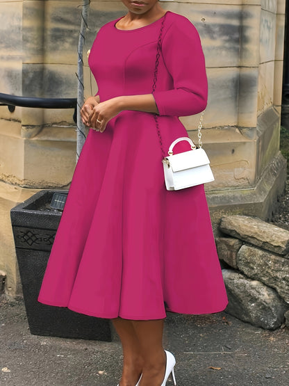 Elegant A Line Midi Dress for Women with Round Neck Elbow Sleeve Fit and Flare Style