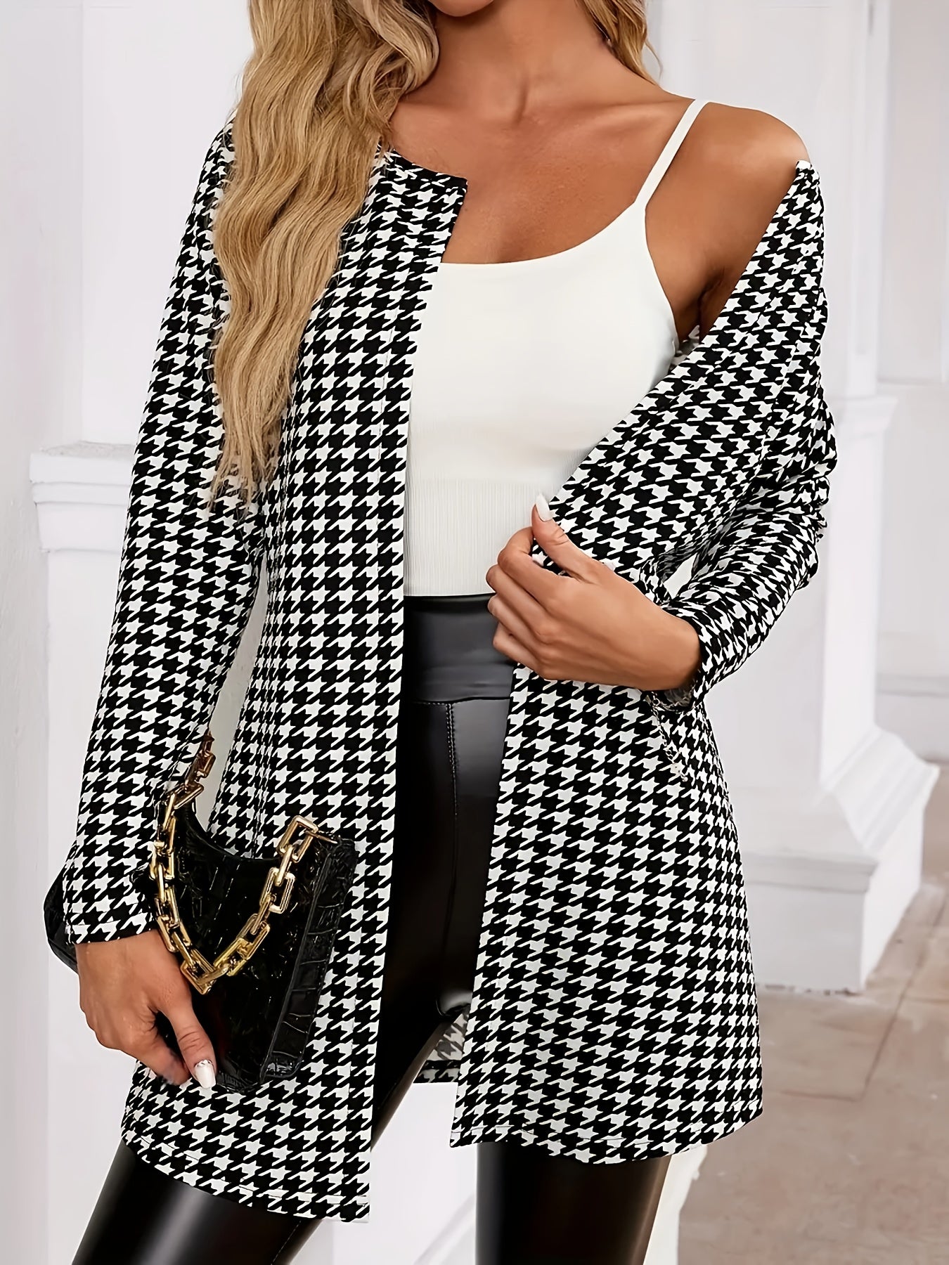 Elegant Houndstooth Longline Cardigan for Women with Open Front Long Sleeve Relaxed Knit Style