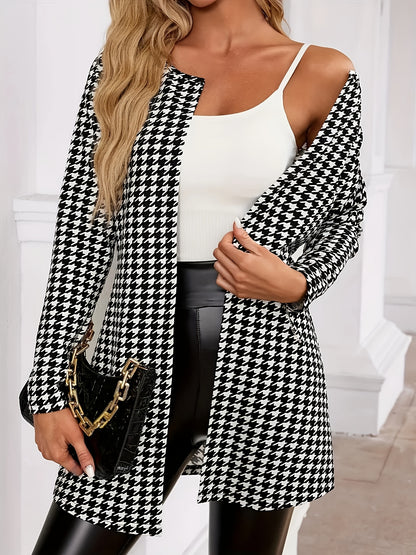 Elegant Houndstooth Longline Cardigan for Women with Open Front Long Sleeve Relaxed Knit Style