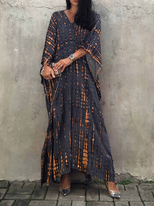 Effortless Tie Dye Maxi Dress for Women with V Neck Bell Sleeve Kaftan Flowing Bohemian Style