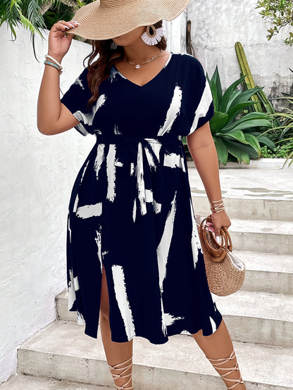 Effortless Burgundy Abstract Print Midi Dress for Women with V Neck Batwing Sleeve Belted Side Slit Flowing Style