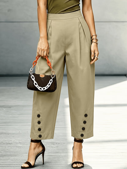 Effortless Khaki Tapered Pants for Women with High Waist Pleated Button Hem Relaxed Style
