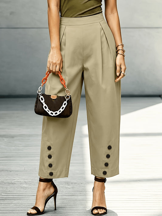 Effortless Khaki Tapered Pants for Women with High Waist Pleated Button Hem Relaxed Style