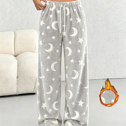 Comfortable Star Moon Print Fleece Pajama Pants for Women with High Waist Drawstring Wide Leg Cozy Style