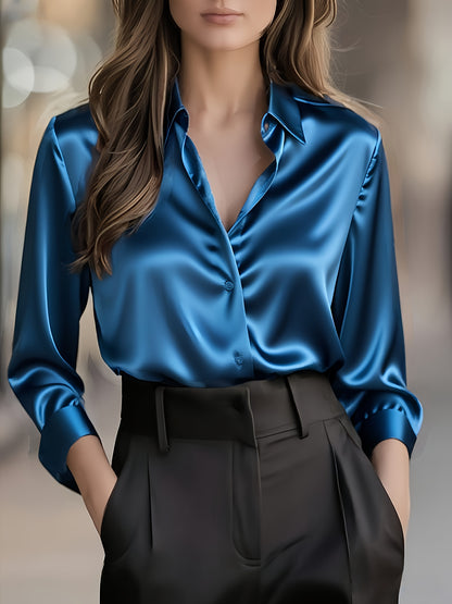 Elegant Satin Blouse for Women with Notched Collar Long Sleeve Button Front Silky Style