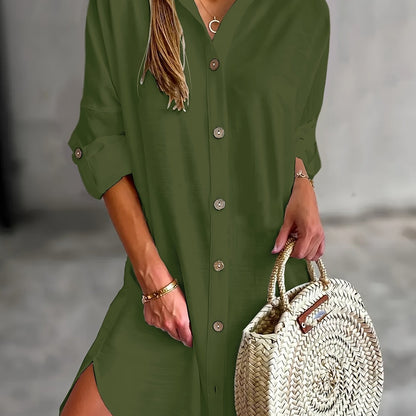 Effortless Button Front Shirt Dress for Women with Collar Long Sleeve Relaxed Casual Style