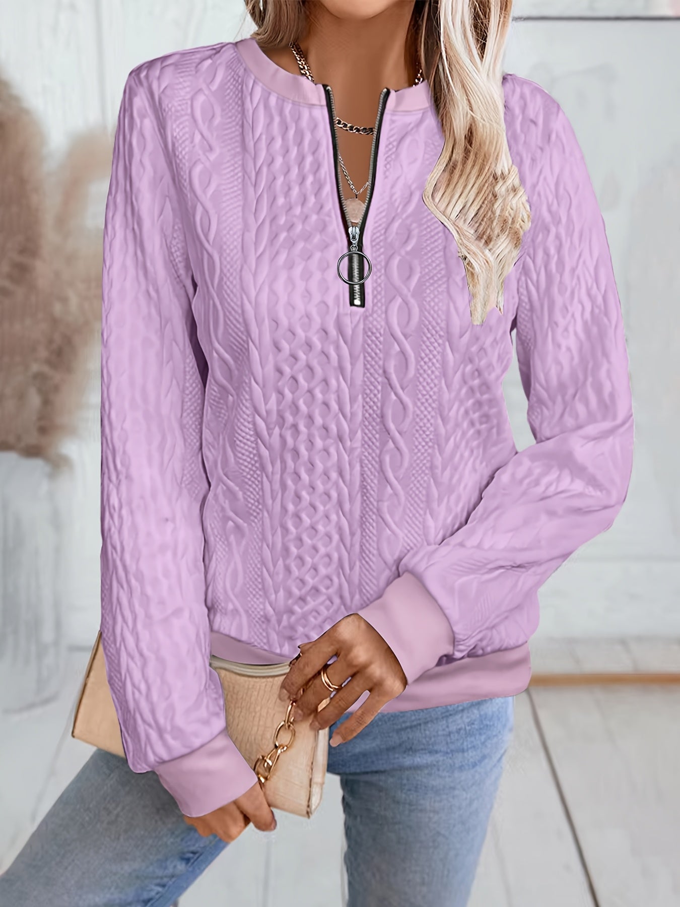 Comfortable Cable Knit Sweater for Women with Zip Neck Long Sleeve Relaxed Casual Style