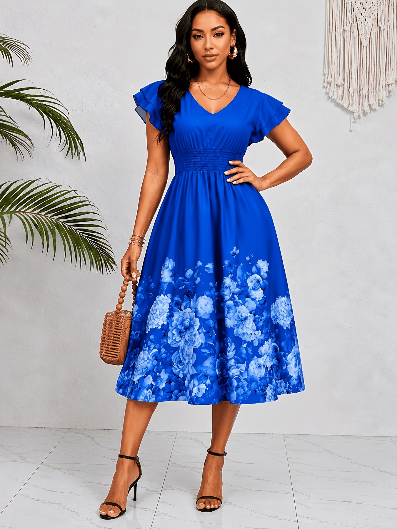 Effortless Blue Floral Midi Dress for Women with V Neck Flutter Sleeve Smocked Waist Flowing Style