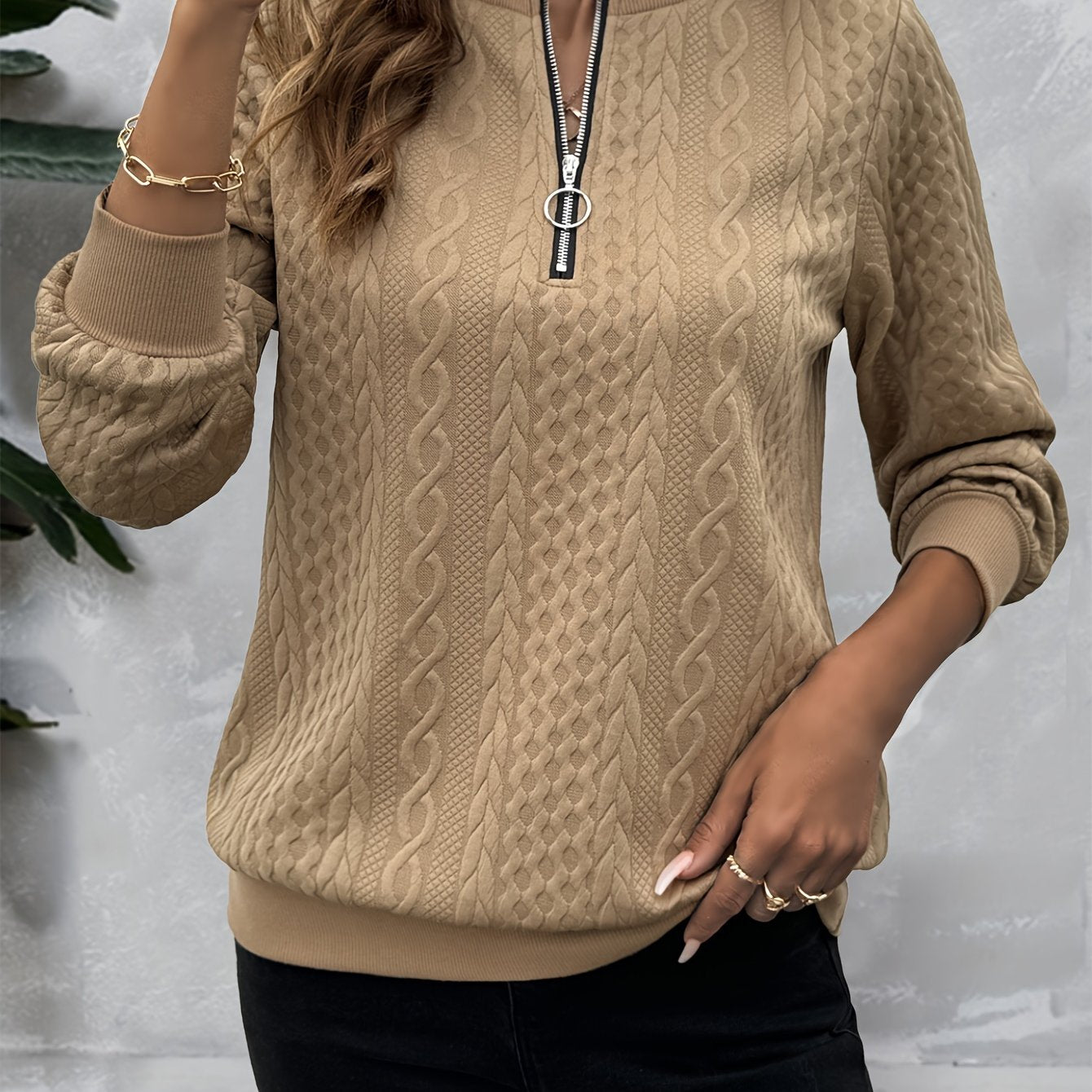 Comfortable Cable Knit Sweater for Women with Zip Crew Neck Long Sleeve Textured Relaxed Style