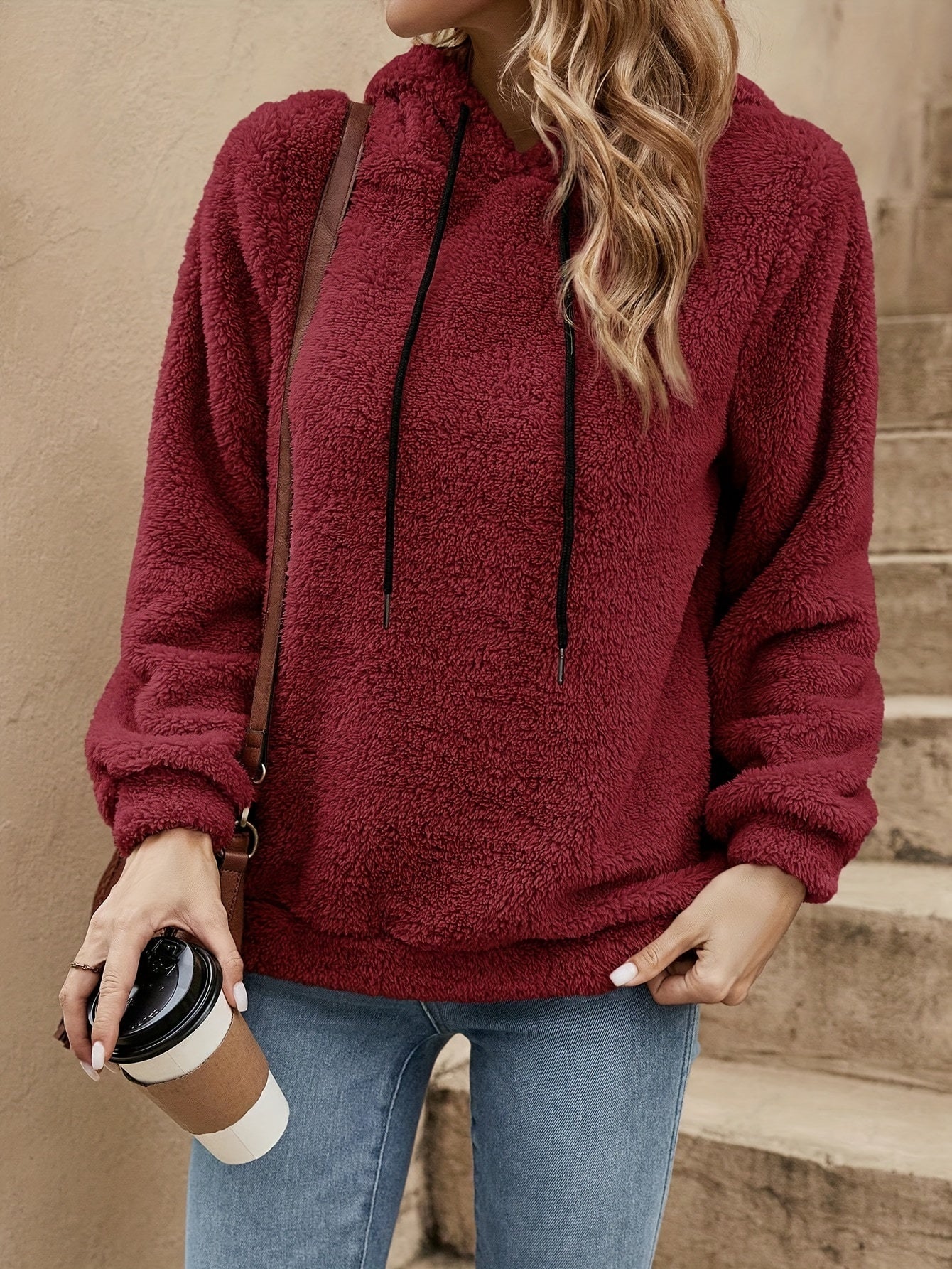 [Women's Teddy Hoodie] Women's Solid Color Teddy Hoodie - Casual Long Sleeve Drawstring Hooded Sweatshirt - Clothing